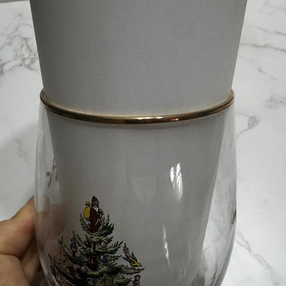 Spode Christmas Tree Stemless Wine Glasses Gold Trim Rim, 19 Oz - Set of 4